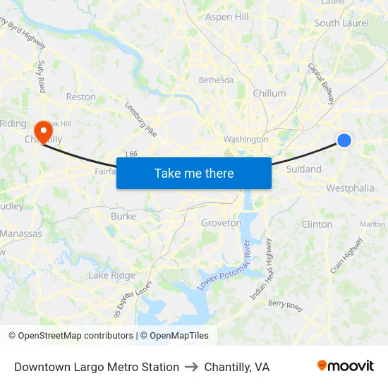 Downtown Largo Metro Station to Chantilly, VA map