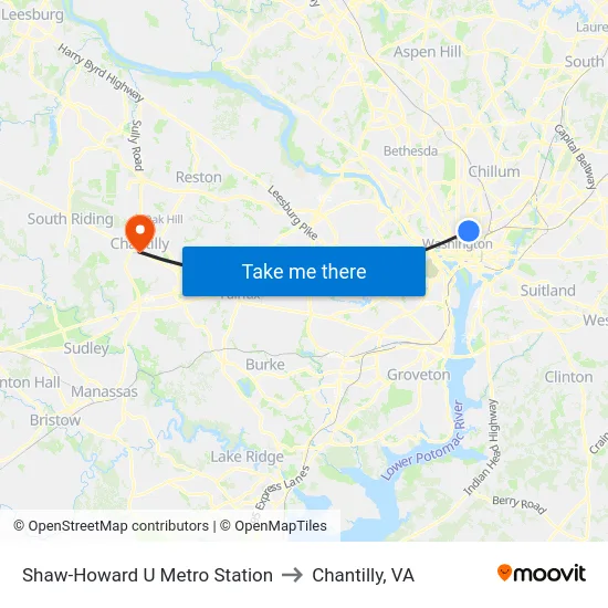 Shaw-Howard U Metro Station to Chantilly, VA map