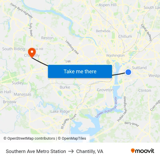 Southern Ave Metro Station to Chantilly, VA map