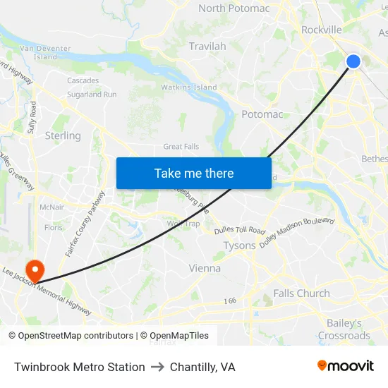 Twinbrook Metro Station to Chantilly, VA map