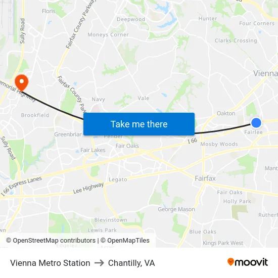 Vienna Metro Station to Chantilly, VA map