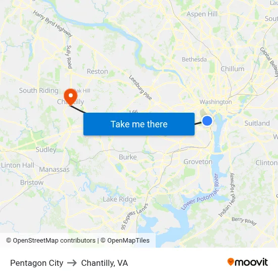 Pentagon City to Chantilly, VA map