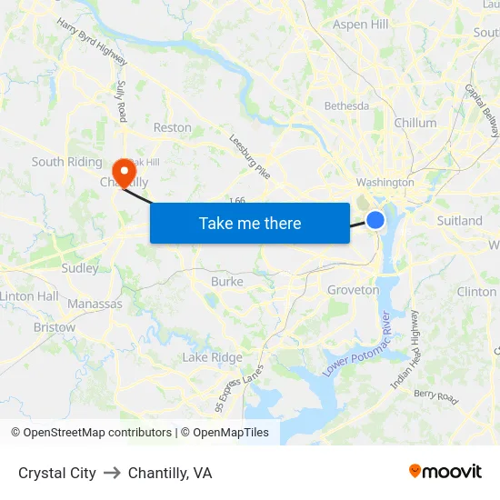 Crystal City to Chantilly, VA map