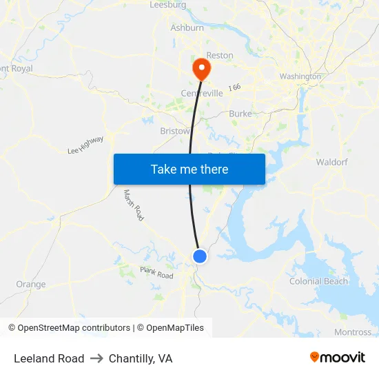 Leeland Road to Chantilly, VA map