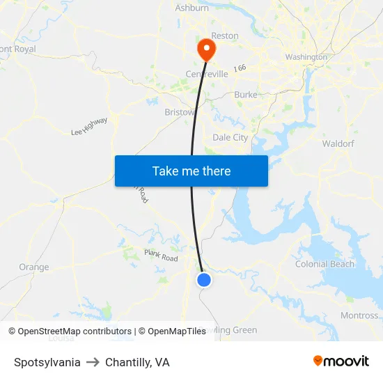 Spotsylvania to Chantilly, VA map