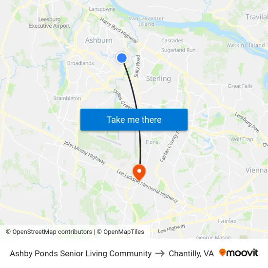 Ashby Ponds Senior Living Community to Chantilly, VA map
