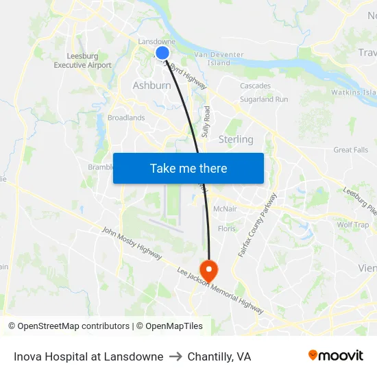 Inova Hospital at Lansdowne to Chantilly, VA map