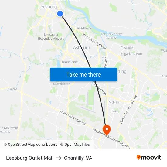 Leesburg Outlet Mall to Chantilly, VA map
