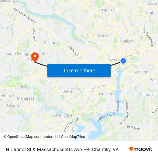 N Capitol St & Massachussetts Ave to Chantilly, VA map