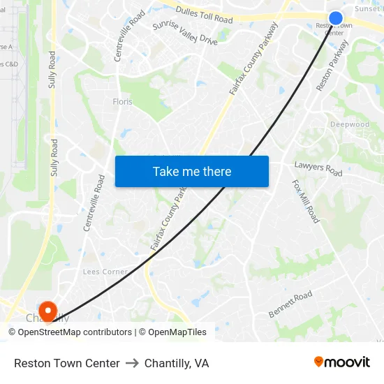 Reston Town Center to Chantilly, VA map