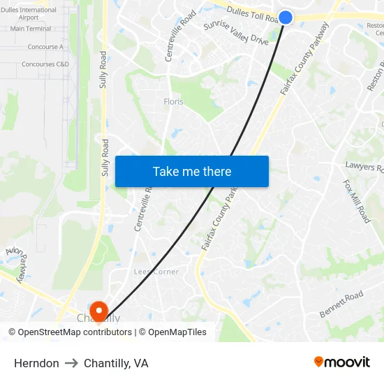 Herndon to Chantilly, VA map