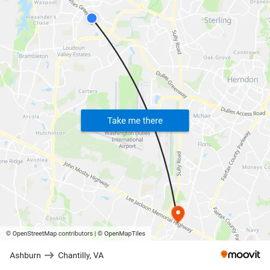 Ashburn to Chantilly, VA map