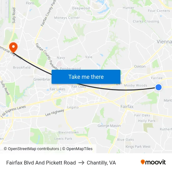 Fairfax Blvd And Pickett Road to Chantilly, VA map