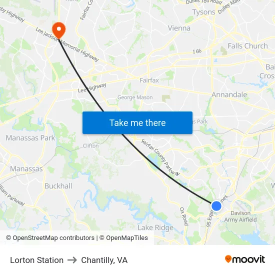Lorton Station to Chantilly, VA map