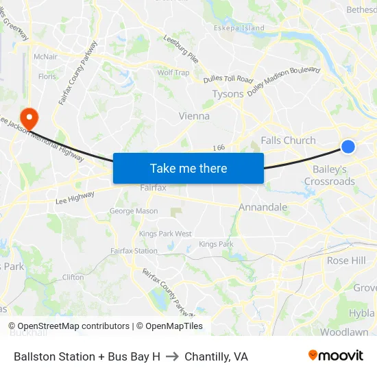 Ballston Station + Bus Bay H to Chantilly, VA map