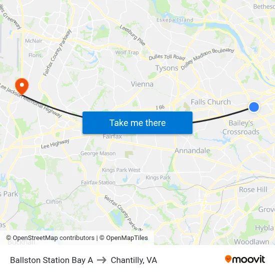 Ballston Station Bay A to Chantilly, VA map