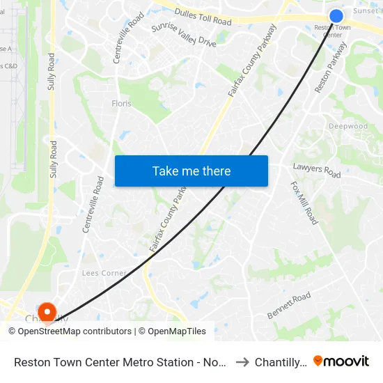 Reston Town Center Metro Station - North Bus Bay to Chantilly, VA map