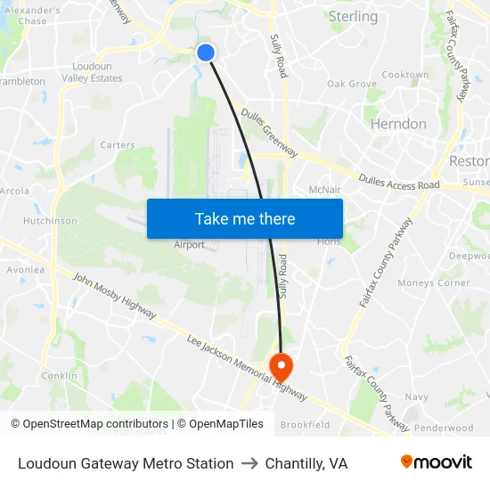 Loudoun Gateway Metro Station to Chantilly, VA map