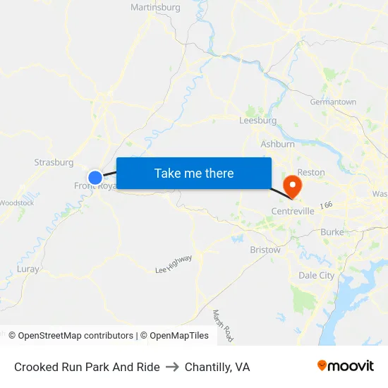Crooked Run Park And Ride to Chantilly, VA map