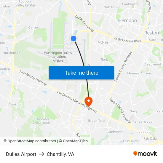 Dulles Airport to Chantilly, VA map