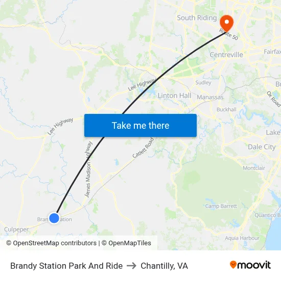 Brandy Station Park And Ride to Chantilly, VA map