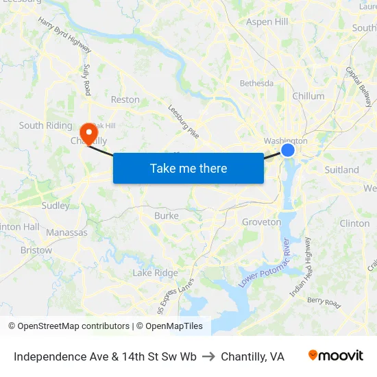 Independence Ave & 14th St Sw Wb to Chantilly, VA map