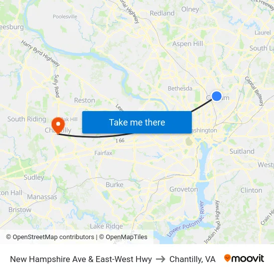 New Hampshire Ave & East-West Hwy to Chantilly, VA map