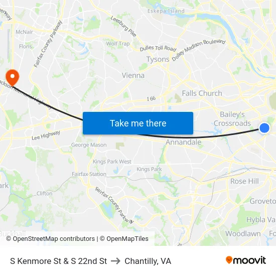 S Kenmore St & S 22nd St to Chantilly, VA map