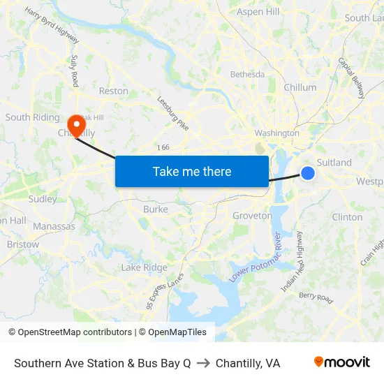 Southern Ave Station & Bus Bay Q to Chantilly, VA map