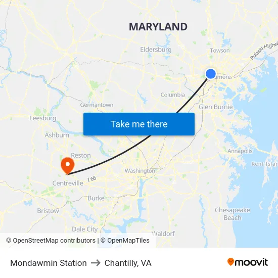 Mondawmin Station to Chantilly, VA map