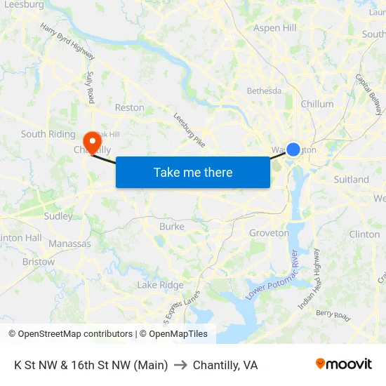 K St NW & 16th St NW (Main) to Chantilly, VA map
