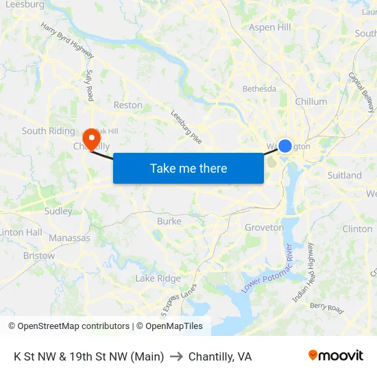 K St NW & 19th St NW (Main) to Chantilly, VA map