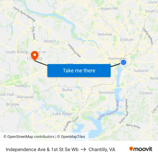 Independence Ave & 1st St Se Wb to Chantilly, VA map