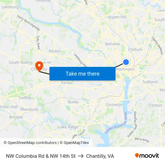 NW Columbia Rd & NW 14th St to Chantilly, VA map