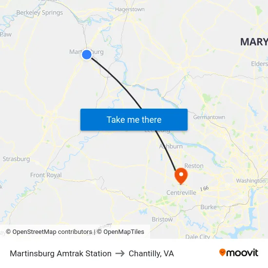 Martinsburg Amtrak Station to Chantilly, VA map