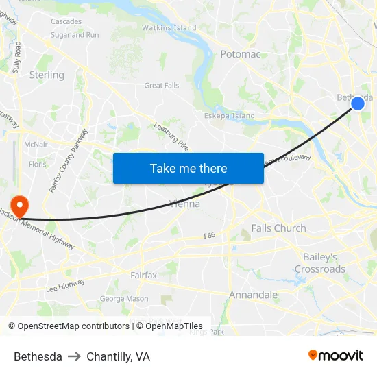 Bethesda to Chantilly, VA map