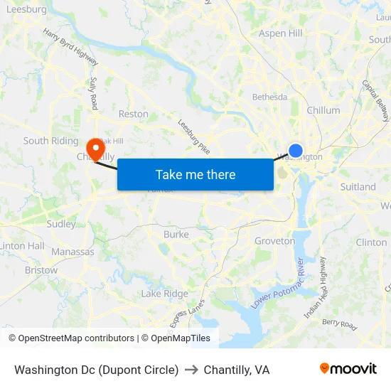 Washington Dc (Dupont Circle) to Chantilly, VA map