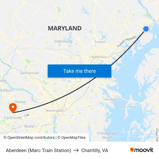 Aberdeen (Marc Train Station) to Chantilly, VA map