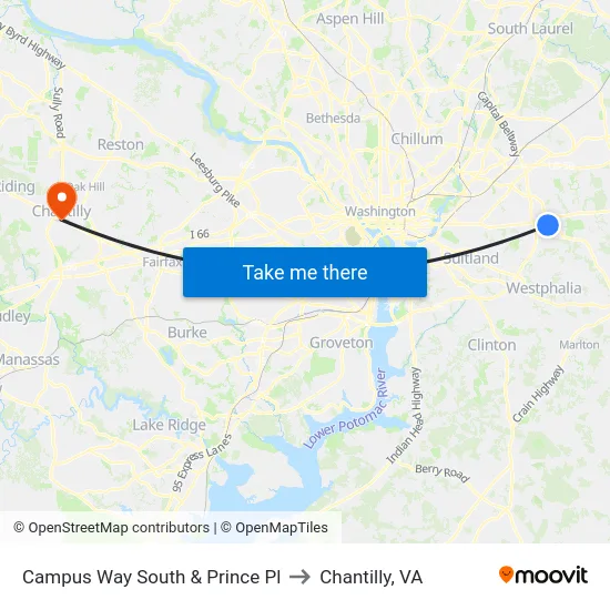 Campus Way South & Prince Pl to Chantilly, VA map