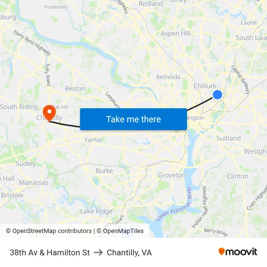 38th Av & Hamilton St to Chantilly, VA map