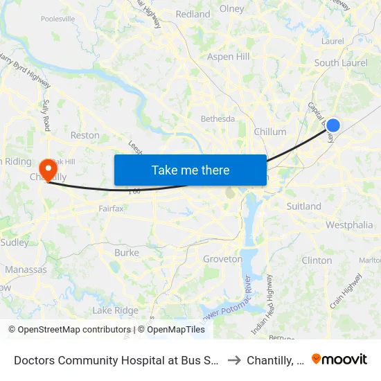 Doctors Community Hospital at Bus Shelter to Chantilly, VA map
