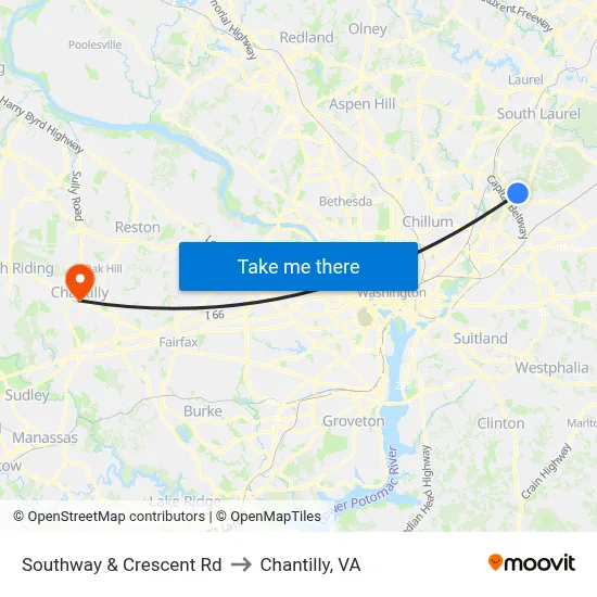 Southway & Crescent Rd to Chantilly, VA map