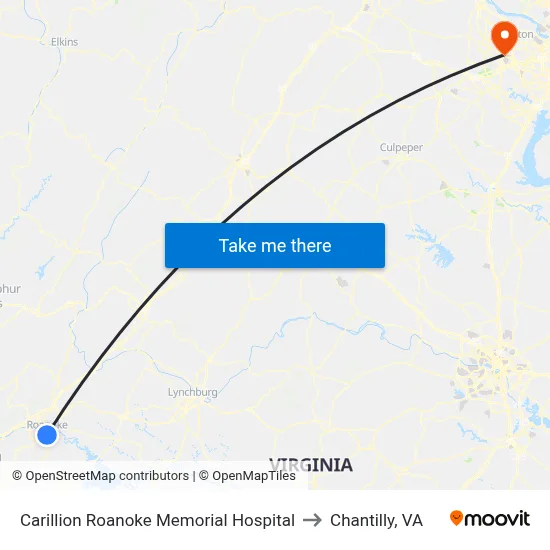 Carillion Roanoke Memorial Hospital to Chantilly, VA map