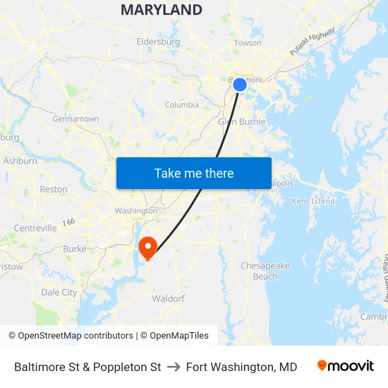 Baltimore St & Poppleton St to Fort Washington, MD map