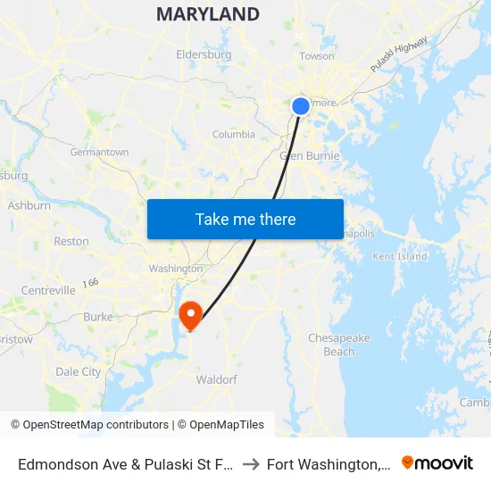 Edmondson Ave & Pulaski St FS Wb to Fort Washington, MD map