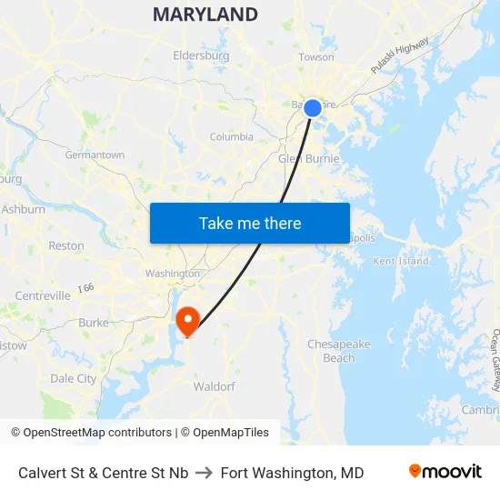 Calvert St & Centre St Nb to Fort Washington, MD map
