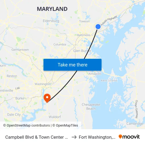 Campbell Blvd & Town Center Dr Nb to Fort Washington, MD map