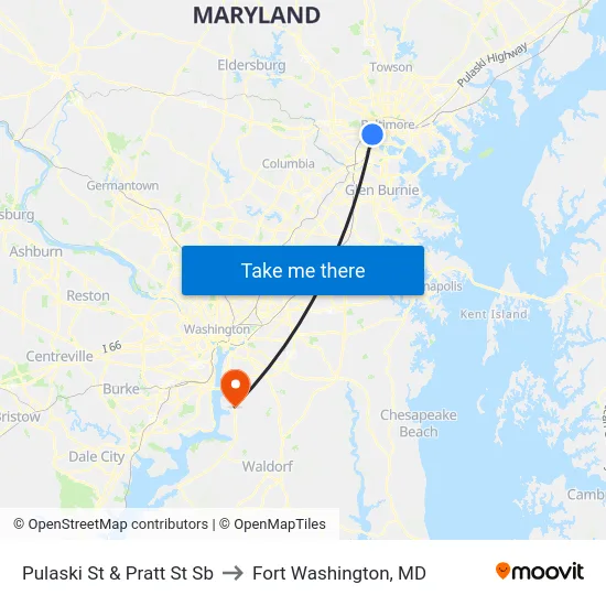 Pulaski St & Pratt St Sb to Fort Washington, MD map