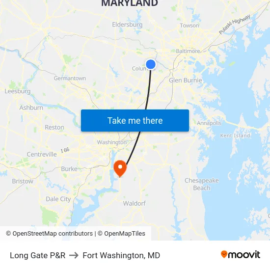 Long Gate P&R to Fort Washington, MD map