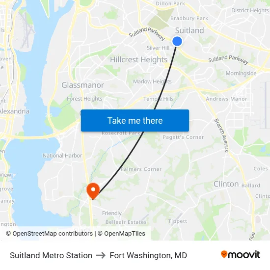Suitland Metro Station to Fort Washington, MD map